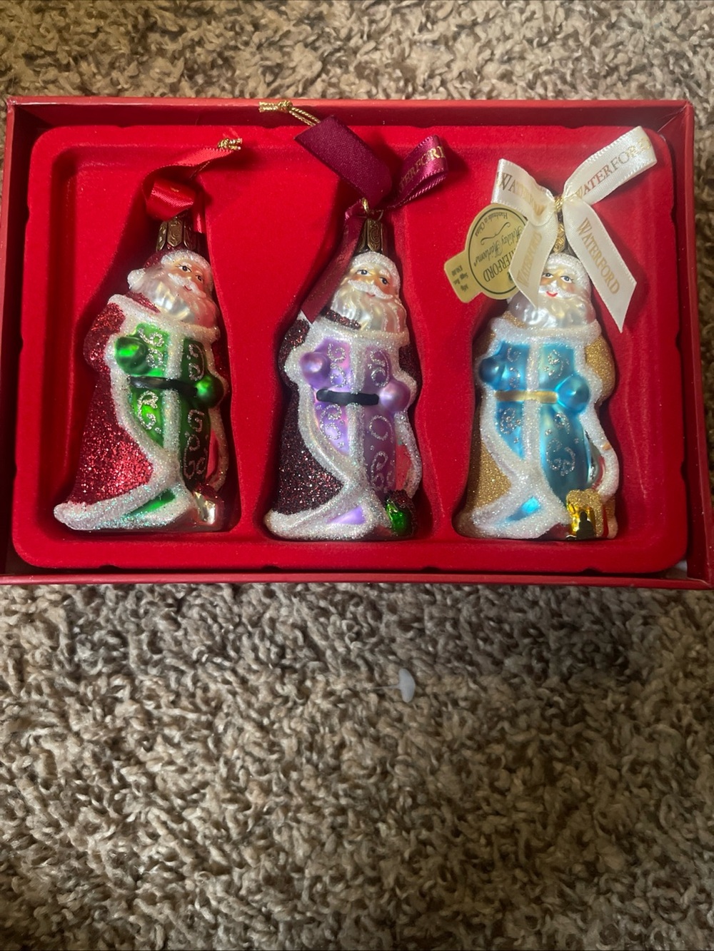 Christopher Radko Glittered Santa Ornament Trio in Red, Purple & Blue